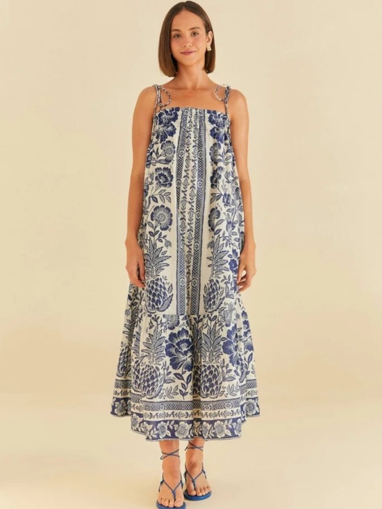 FARM Rio Dresses & Skirts - FARM Rio White Maxi Dress with Blue Botanical Print